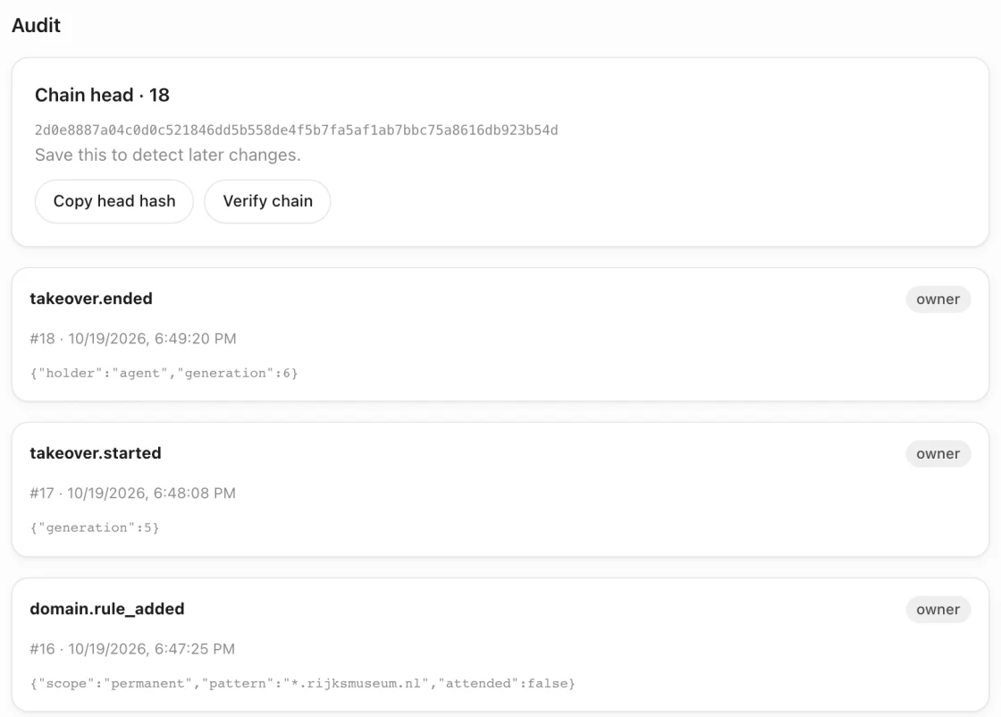 The activity log: the chain head hash with Verify chain, then entries for a takeover and for sites the owner allowed.