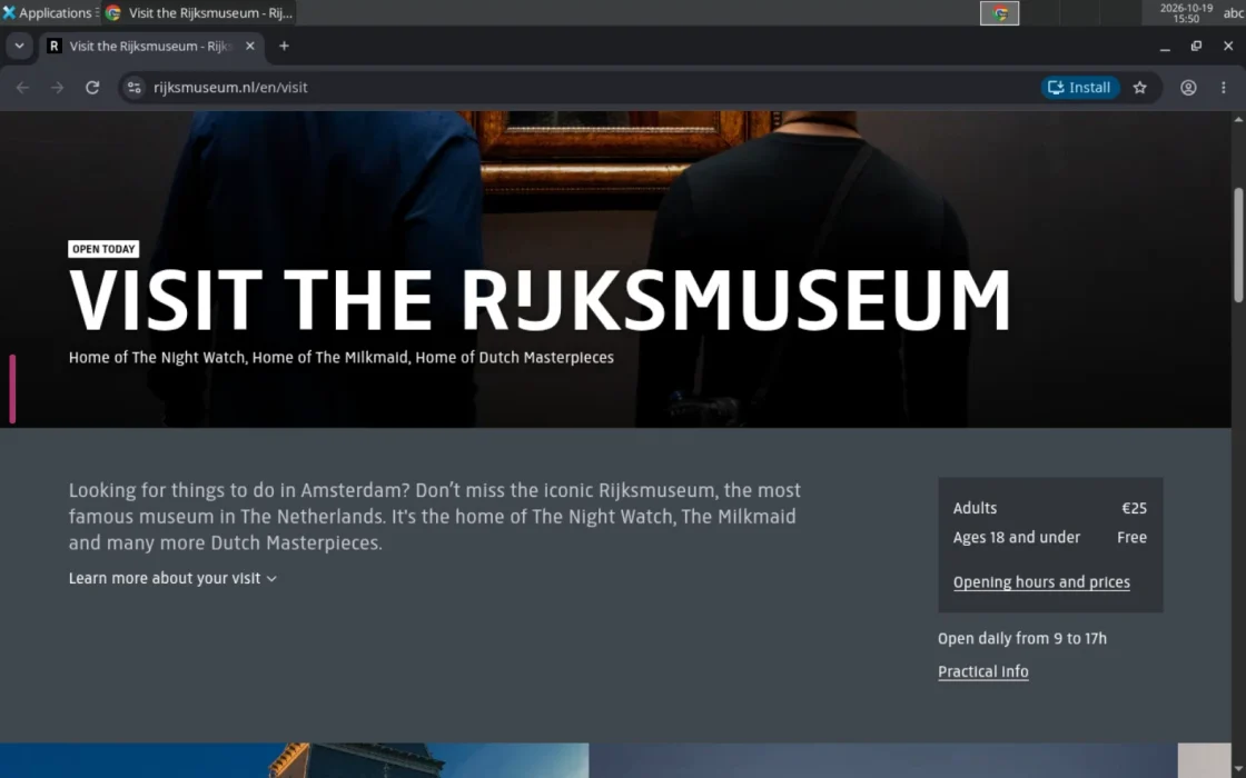 The agent's own browser, seen live: the museum's page with the prices it read.
