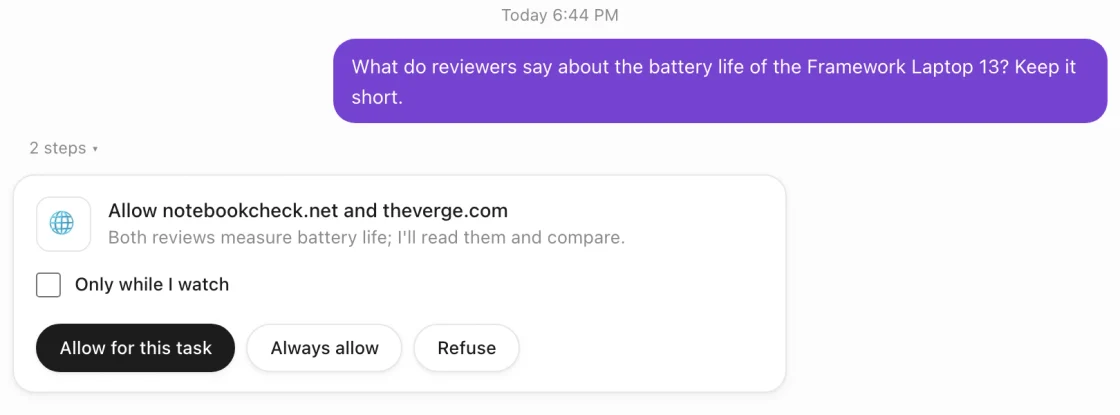 A card in the chat: the agent asks to reach notebookcheck.net and theverge.com, with Allow for this task, Always allow and Refuse.